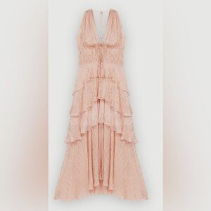 NWT Maje Pink Silk and Gold lamé ruffle dress